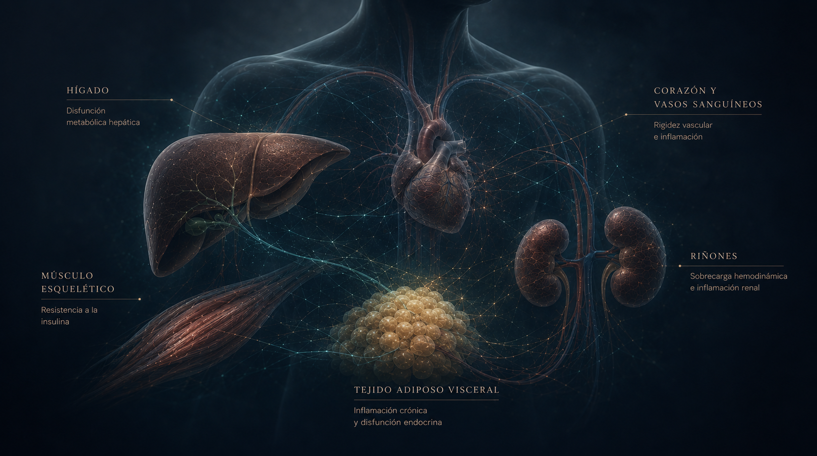 Anatomía integrada con tejido adiposo visceral, hígado, corazón, riñones y músculo esquelético