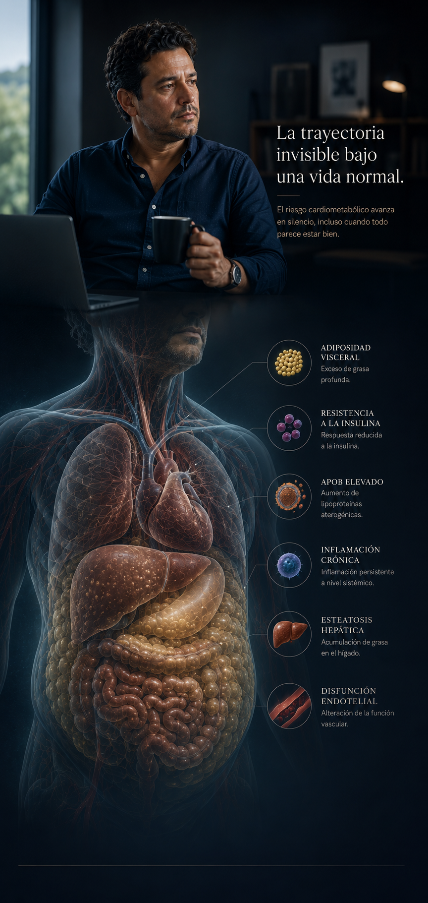Hombre contemplativo con fisiología cardio-reno-metabólica integrada